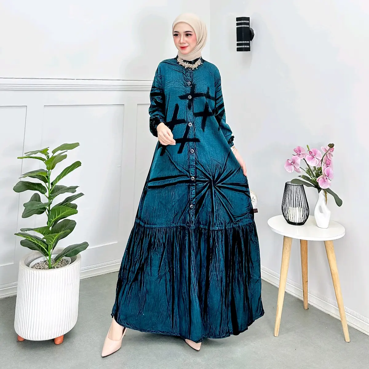 Gamis ibu Muslim Elegan Cantik Formal Wudhu Gamis Hijap Gamis Kancing busui Karet Dres panjang Santai Twill WanitaVariasi Samping Motif