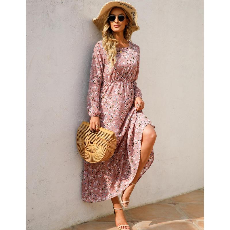 Cross-Border Foreign Trade Spring and Autumn Floral Chiffon Dress Waist-Controlled Slimming Long Sleeve round-Neck Long Printed Dress Women's 6