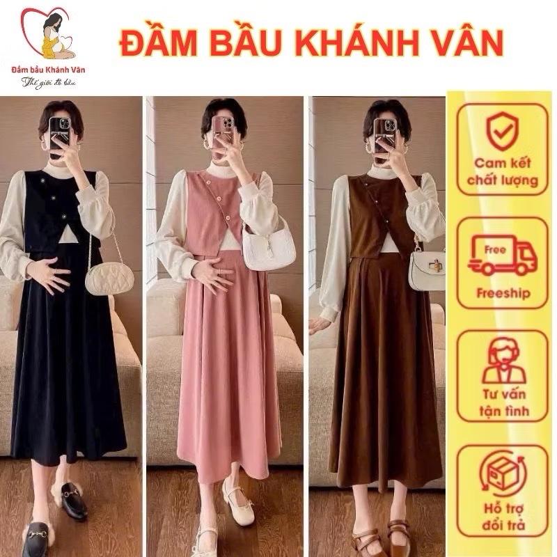 ĐẦM VÁY BẦU THU ĐÔNG CÔNG SỞ VẠT CHÉO CỔ 3 PHÂN LEN TĂM Thai sản Thai kỳ Thoải mái Nhung Nữ Hồng đầm bầu len body