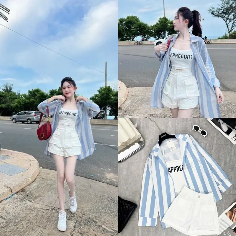 SET ĐỒ NỮ 3 MÓN SƠ MI KẺ XANH + ÁO HAI DÂY TRẮNG + QUẦN SHORT KAKI TRẮNG TÚI HỘP