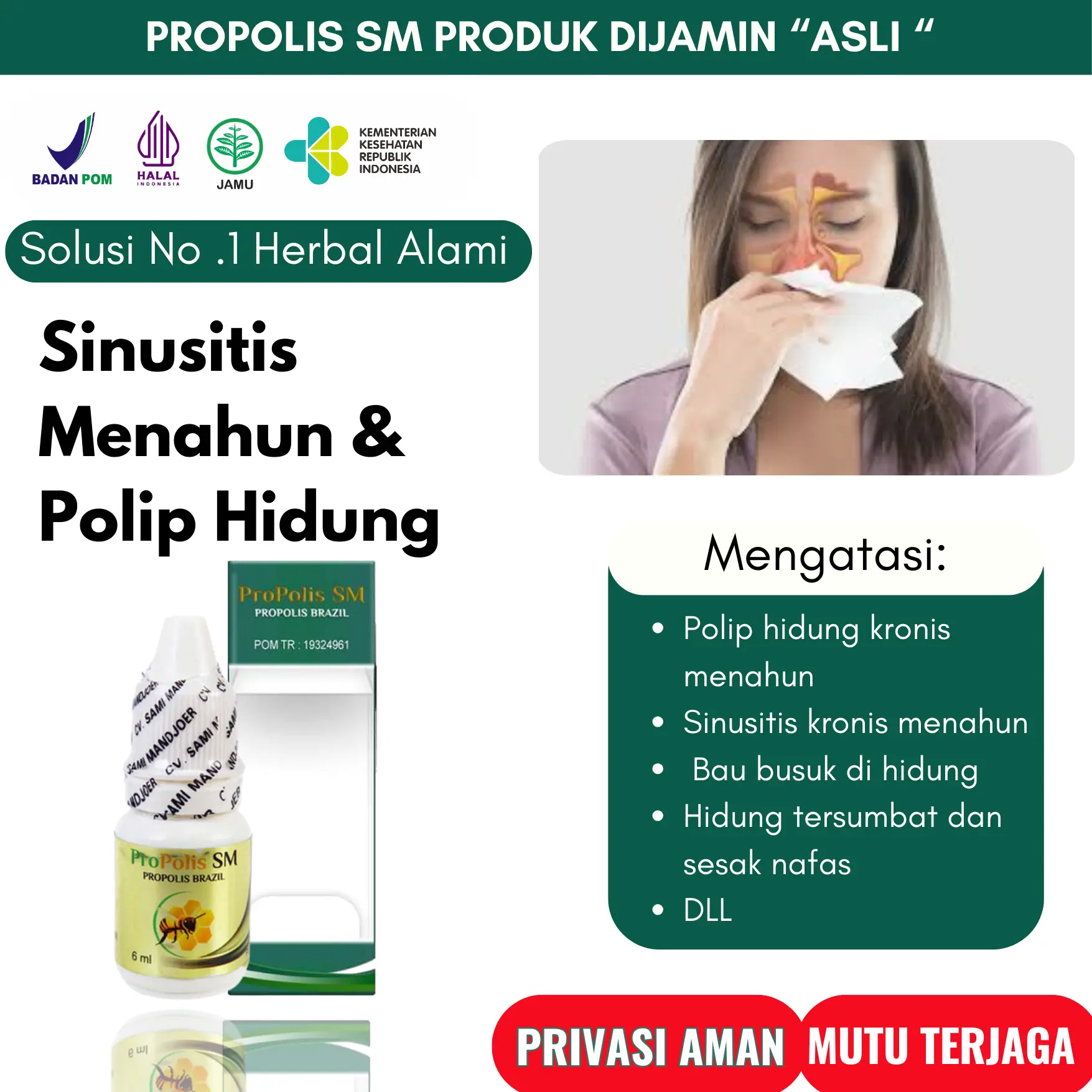 Propolis Sm Herbal Polip Hidung Sinusitis Kronis Sudah BPOM & HALAL MUI Cleanser