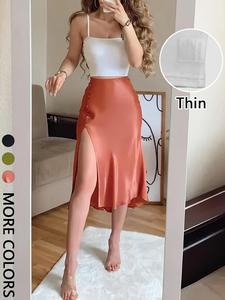 Conjunto para mujer: top cami con tirantes finos, falda midi satín, tank corto, cintura alta con abertura lateral, cierre de cremallera en espalda, tejido blando para uso diario, trabajo, citas, noches, cenas, fiestas.