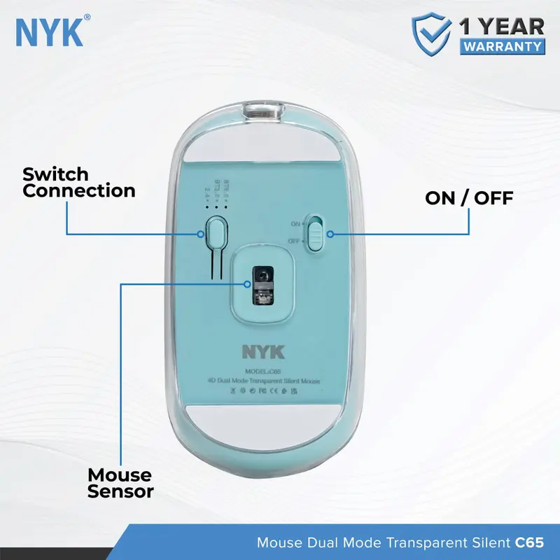 Mouse NYK C65 Silent Click Dual Mode Bluetooth Wireless Rechargeable Transparant Blue 1
