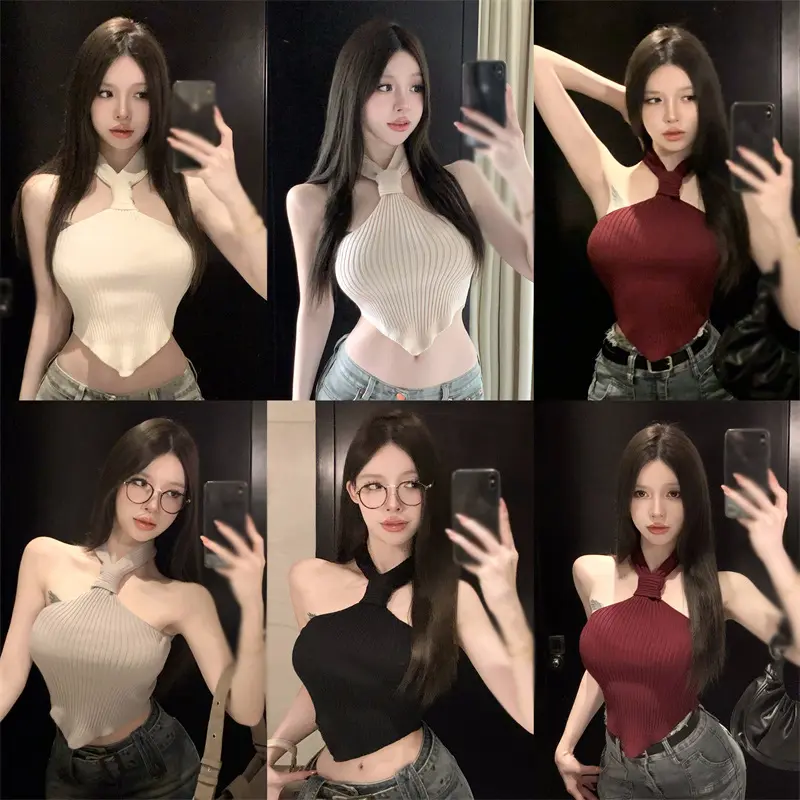 Women's knitted camisole summer solid color halterneck vest solid color irregular backless cropped vest