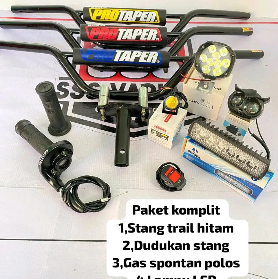 paket komplit stang trail hitam+dudukan/adaftor stang+gas spontan polos+lampu LED @bonus saklar lampu