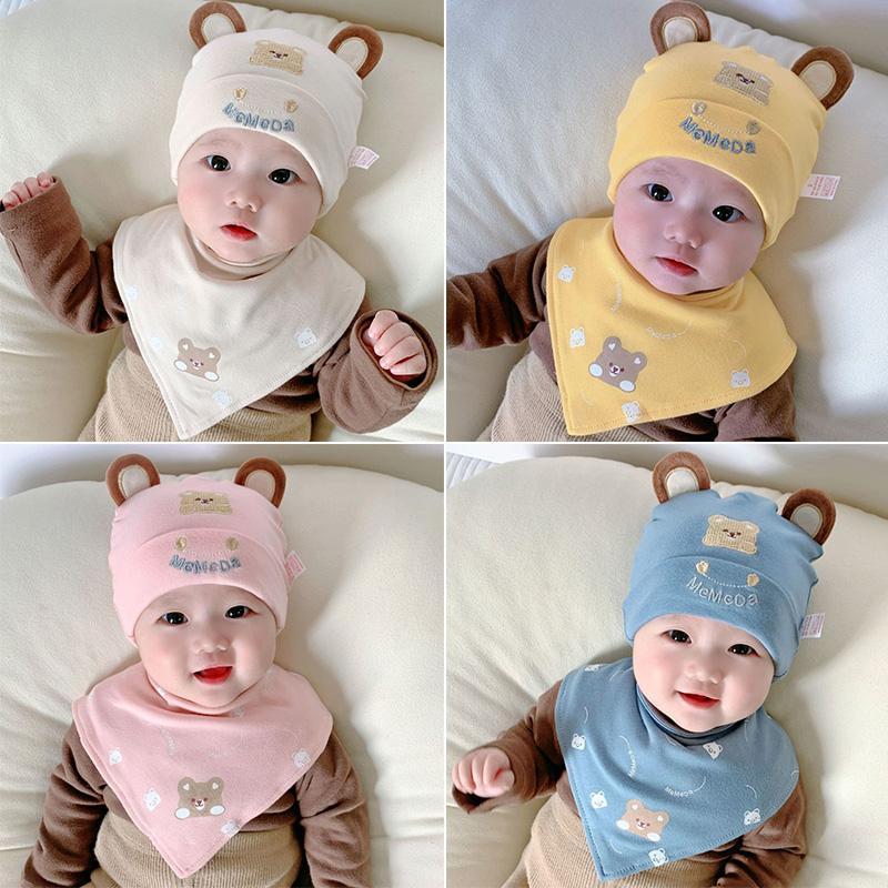 Mũ Len Cho Trẻ Sơ Sinh, Thiết Kế Hoạt Hình, Bộ Bib, Màu Trơn Mũ Cho Trẻ Sơ Sinh Hình Gấu Dễ Thương, Khăn Quàng Cổ Hình Tam Giác, Làm Bằng Bông, Thích Hợp Cho Bé Trai Và Bé Gái, Mũ Áo Chui Đầu