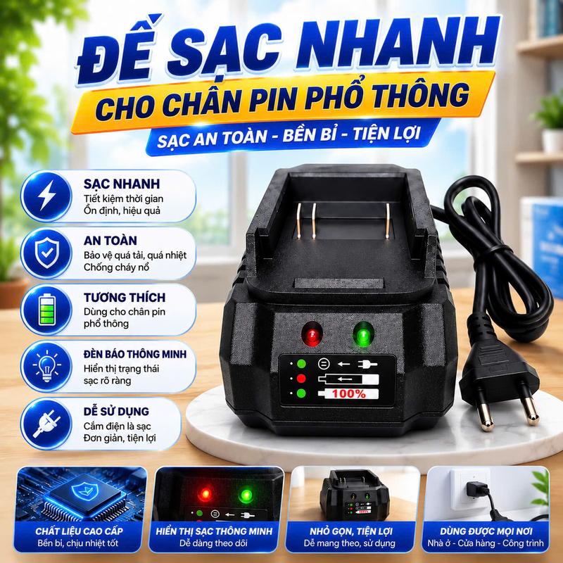 Đế sạc nhanh cho chân pin phổ thông 21v nhỏ gọn dễ sử dụng và mang theo mọi nơi
