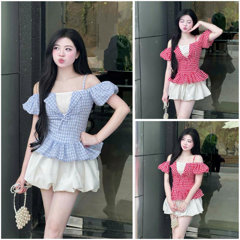 [ Xả Kho ] Sét Áo Tiểu Thư Kẻ Trễ Vai Ống Tay Bồng Bo Chun Lưng Vạt Xoè Kèm Chân Váy Dáng Bí Bồng Dễ Thương