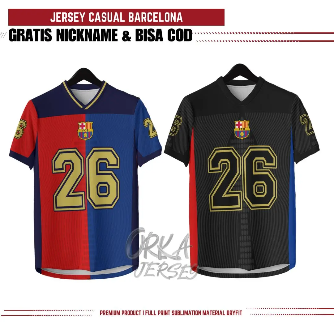 Jersey Casual Barca 2024 Full Printing Premium Gratis Pasang Nama dan Nomor Pakaian