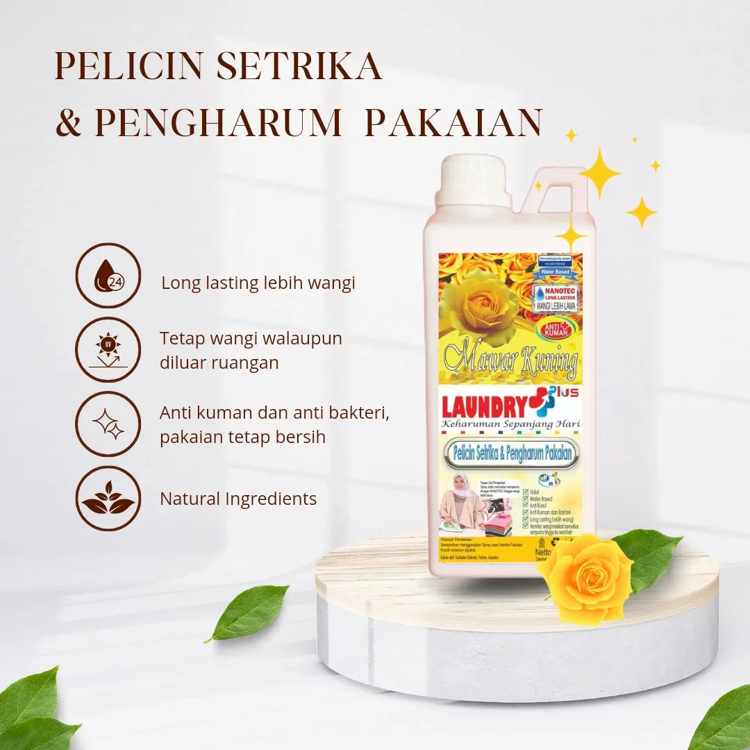 Pelicin pewangi setrika dan pengharum pakaian garansi wangi tahan lama Laundry Plus parfum laundry setrika anti bakteri botol 1 liter Mawar Kuning