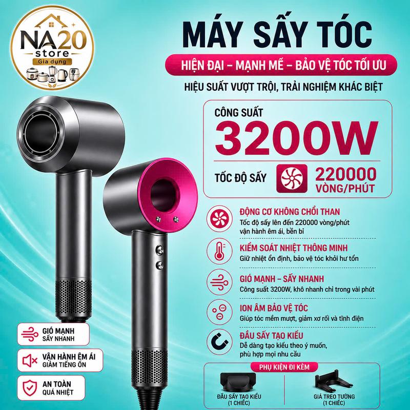 Máy Sấy Tóc Ion Âm Không Cánh 2 Chiều Nóng Lạnh, 3 Chế Độ Sấy Mạnh Công Suất…