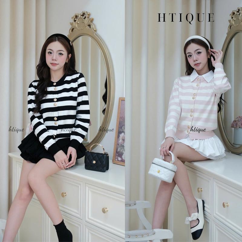 BST thu đông HTIQUE Deal mở bán Áo len dệt kim kẻ ngang basic Áo len kẻ ngang hai màu dễ phối đồ LA26