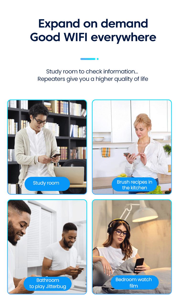 Product Introduction of 300Mbps WiFi Repeater EU Plugs Dual-Band Network Amplifier WPS Router Wireless Signal Wi Fi Booster Communication Extender 4