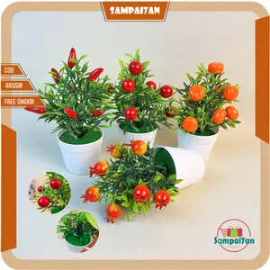 Tanaman Bunga Hias Plastik Imut Tanaman Artificial Buatan Dekorasi Sepaket Buah Cabe Hawberry Pot