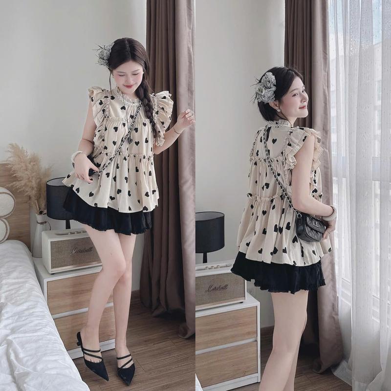 Sét váy nữ lụa nhún tầng áo cotton cổ tròn tay mix in hình thiết kế trẻ trung xinh xắn phù hợp cho các nàng diện đi chơi và đi tiệc