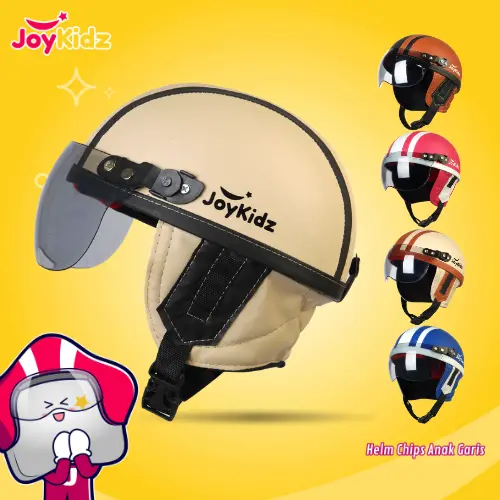 Helm Anak Retro Chips Untuk Usia 1-5 Tahun Polos Garis Cream Coklat Free Kaca SNI 1