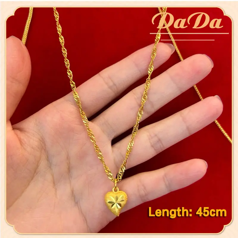 rantai leher emas cop 916 gold plated necklace lucky peach heart pendant for women's birthday gift-45cm