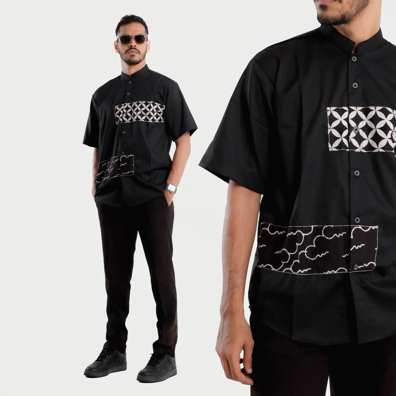 IDRYS - Baju Koko Pria Batik - KEMKO HITAM -Baju Muslim Motif Kombinasi Batik Terbaru Baju Kantor Tangan Pendek - Koko Dewasa Hitam  Katun Toyobo Lembut putih kokopria