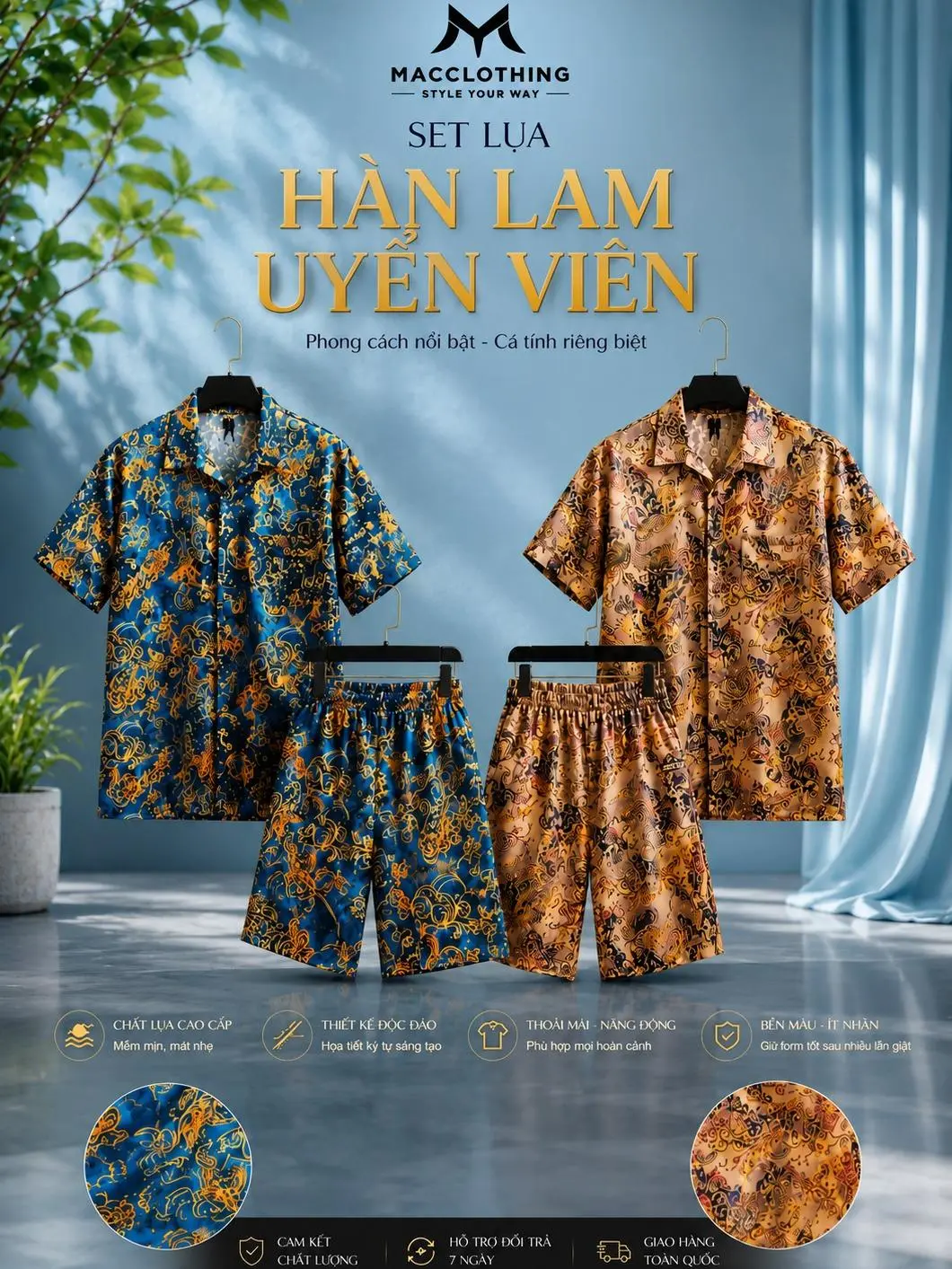 SET BỘ LỤA HÀN NAM Lam Uyển Viên( HÀNG LOẠI 1) lấy cảm hứng từ mây cát tường bình gốm cổ nghệ thuật phương Đông trên nền lụa Hàn mềm mại sắc xanh sapphire cuốn hút