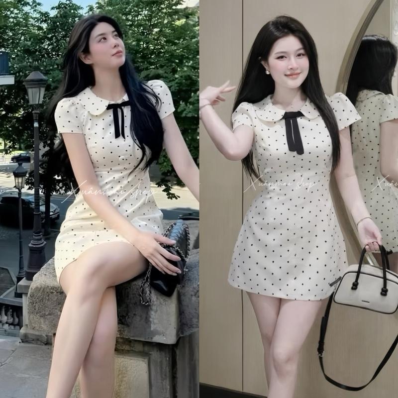 Đầm NƠ TIỂU THƯ CHẤM BI thun tăm co giãn Xuân Mai Shop- Dáng ngắn dưới m65 đổ về