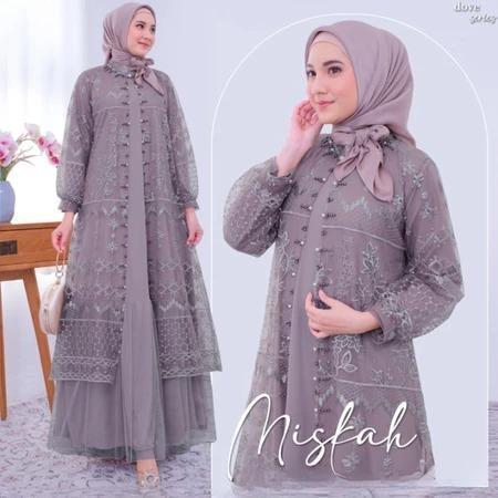Gamis Pesta Premium Branded Miskah Set Dress BO Size M L XL XXL LD 100-120 CM Bahan Skirt Mix Tille Inner Tile Import Aplikasi Payet Baju Wanita Terbaru Viral  Warna Black Blue Dusty Dove Mocca Nude 3