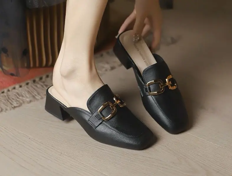 Dép Nửa Ngón Chân Túi, Phong Cách Hàn Quốc, Giày Nữ, Màu Trắng Kem, Mũi Vuông Kiểu Pháp, Giày Muller, Lười, Gót Chunky, Dép Xích Ngoài Trời 5