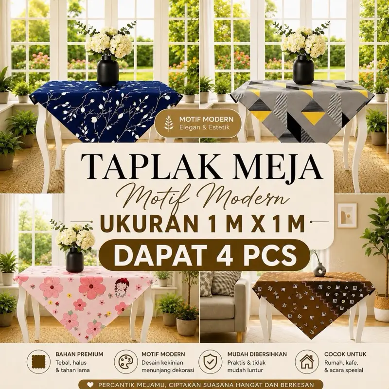 Dapat 4 pcs Taplak Meja Minimalis ukuran 1m x 1m Motif Modern - Desain Elegan untuk Ruang tamu