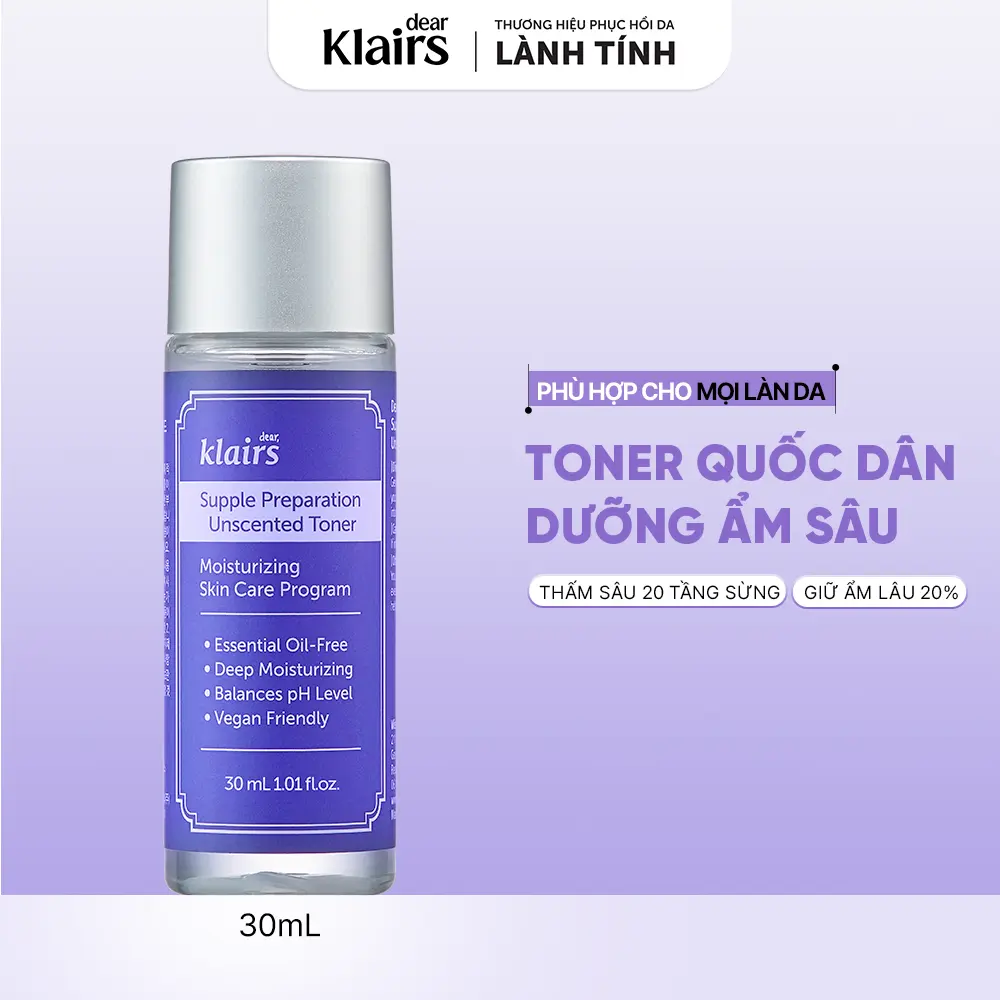Nước hoa hồng Dear, Klairs Supple Preparation Unscented Toner hỗ trợ phục hồi 30ml