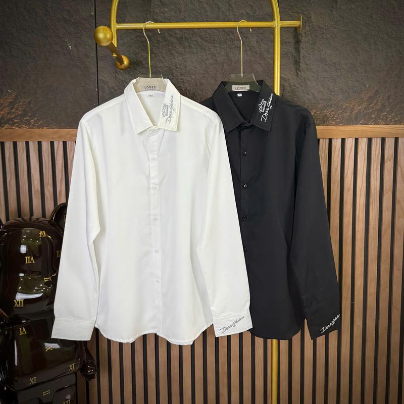 Áo sơ mi nam nữ tay dài vải lụa dày dặn phối chữ thêu viền cổ và tay áo Menswear Shirt Có Cổ Kate