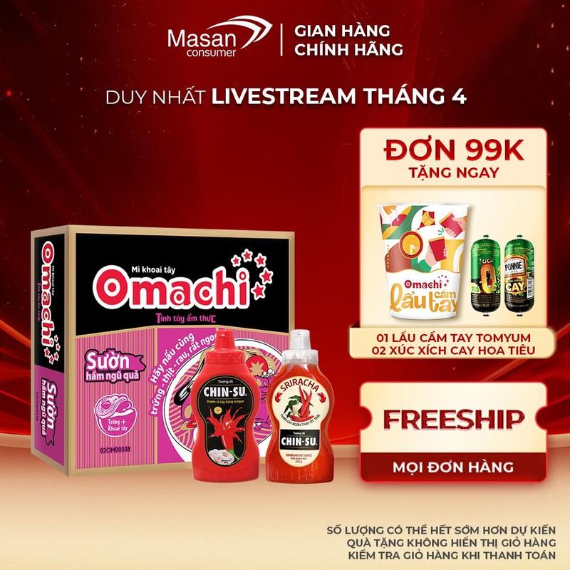 Combo 1 Thùng Mì dinh dưỡng khoai tây Omachi Sườn hầm ngũ quả 30gói x 80gr + chai tương ớt sriracha 250gr