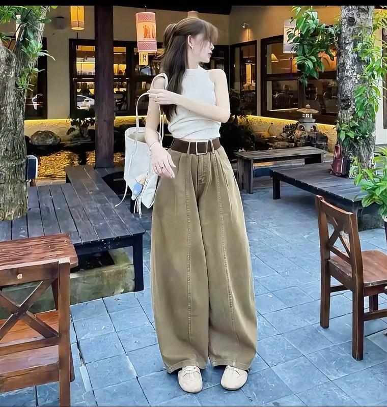 CH11 - S-XL TẶNG KÈM DÂY LƯNG NHỎ Quần jean nữ ống rộng wash nâu cạp cao tôn dáng tôn da dáng dài chất jean mềm