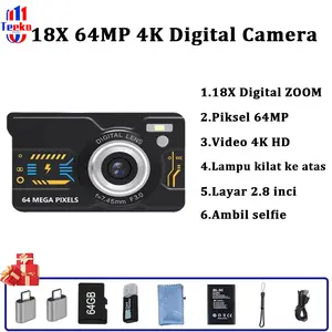 TEEKA HT01 64MP Digital Camera Pocket 2.8 inch Screen Video 4K 18X Digital Zoom Koneksi untuk Hadiah Pemula 【Dengan Kartu SD 64GB】 Kamera