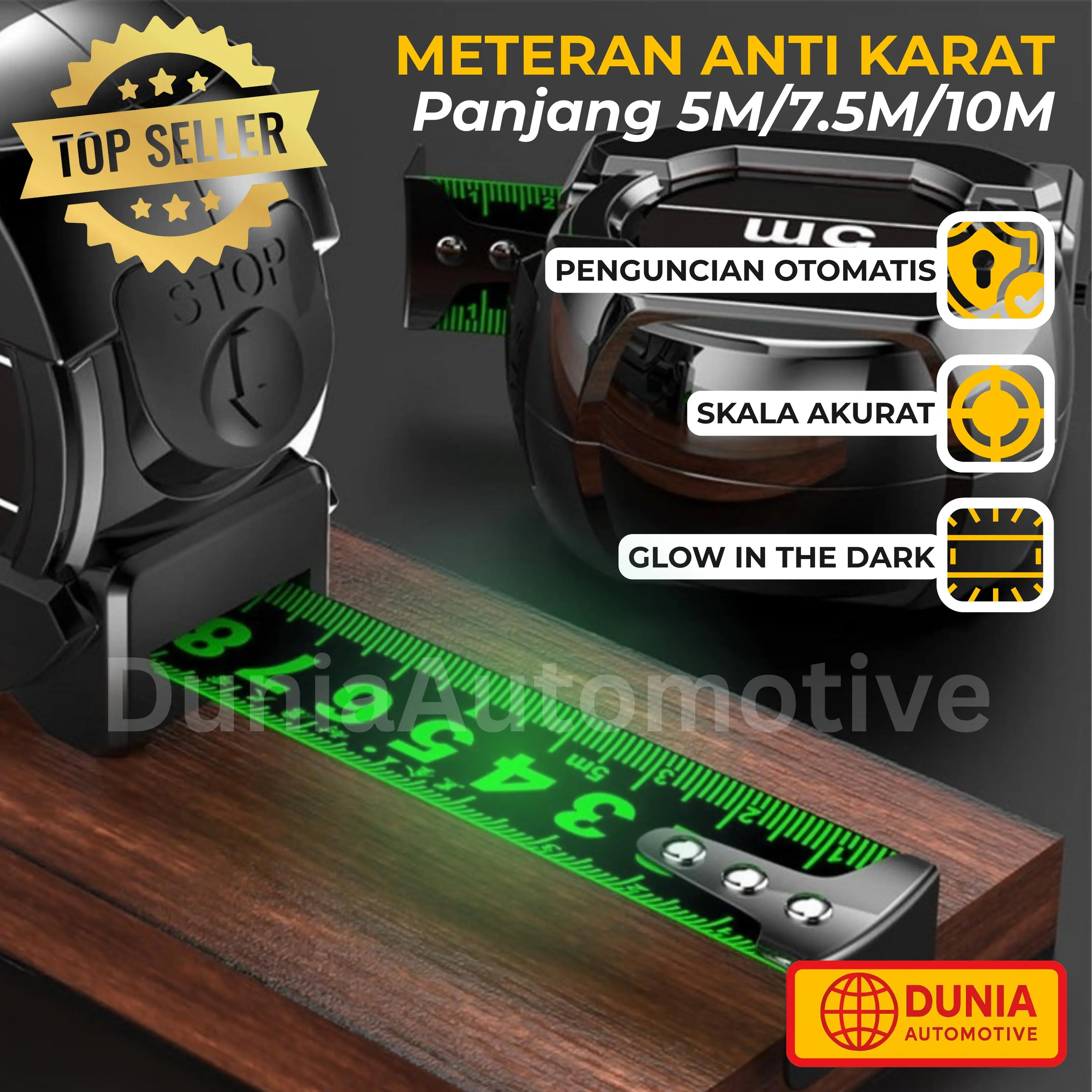 BEST! Penggaris Neon Berteknologi Hitam Meteran Anti Karat Dengan Pita Pengukur Impor tersedia 5m - 10 m