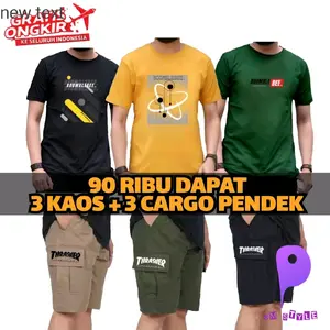 PAKET PROMO 3 KAOS + 3 CARGO PENDEK PRIA DEWASA Setelan Celana Katun Distro Polos
