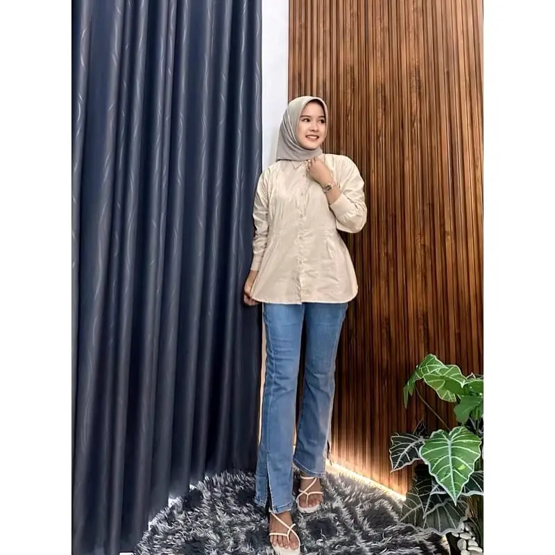 ￼Ss Galery Luna top long slevee - Atasan wanita katun Premium Beige Oversize Standar