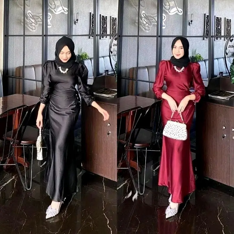 Dress Satin Silk Premium Wanita Kondangan Muslim Gamis Body Fit Terbaru Baju bridsmeid//kondangan