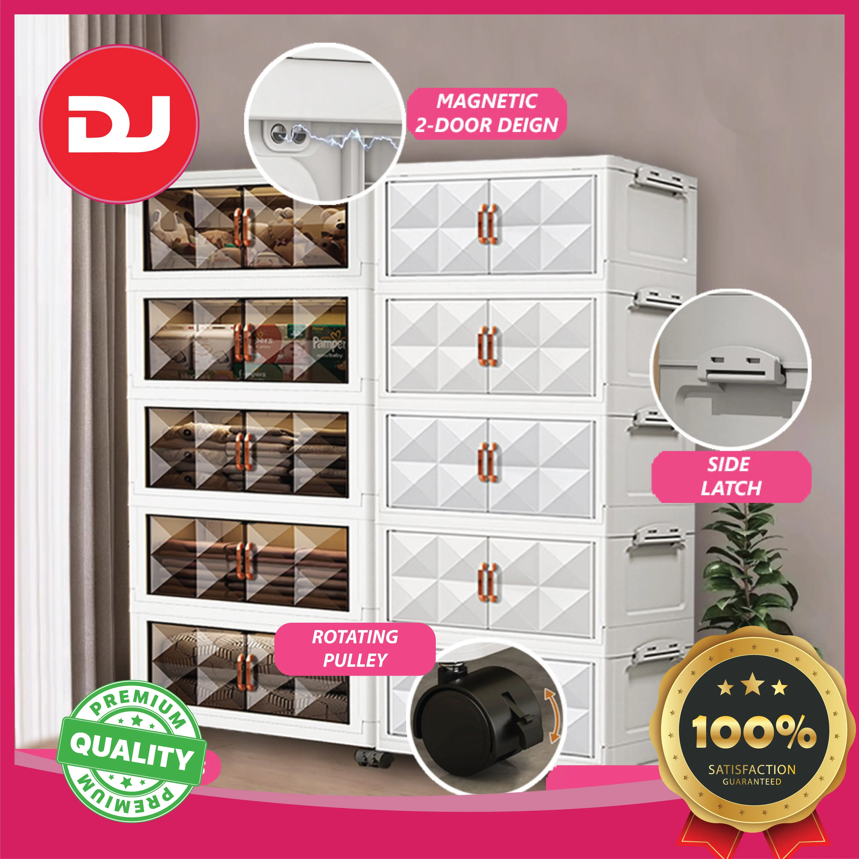 【DJ NEW 2025】DJHOME L45-65cm Kabinet Kotak Simpanan Lipat Roda 2Doors Foldable Storage Cabinets with Roller for Living Room Bedroom Adjustable Supplies Furnite