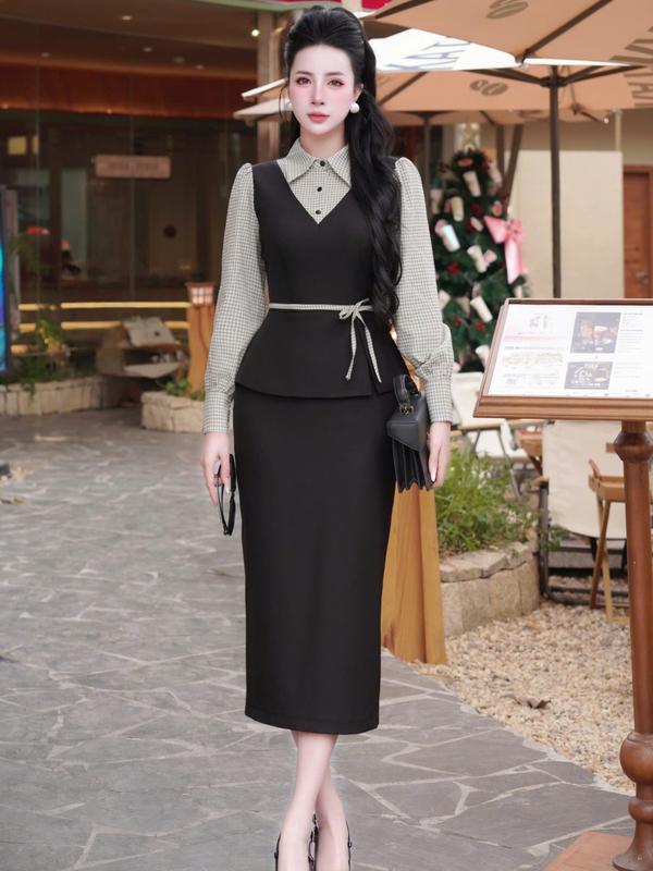 Váy Đầm Liền Thiết Kế Hà Anh kiểu dáng váy bút chì dài tay cổ bẻ phối vải kẻ tặng kèm dây buộc eo phù hợp mặc đi làm đi chơi có bigsize N70