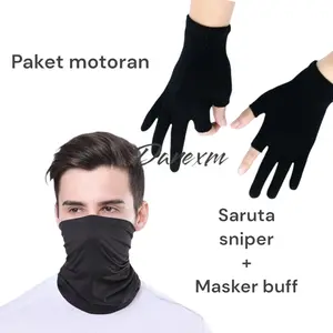 Paket Motoran Sarung Tangan Sniper Bahan Rajut Dan Masker Baff Hitam Polos