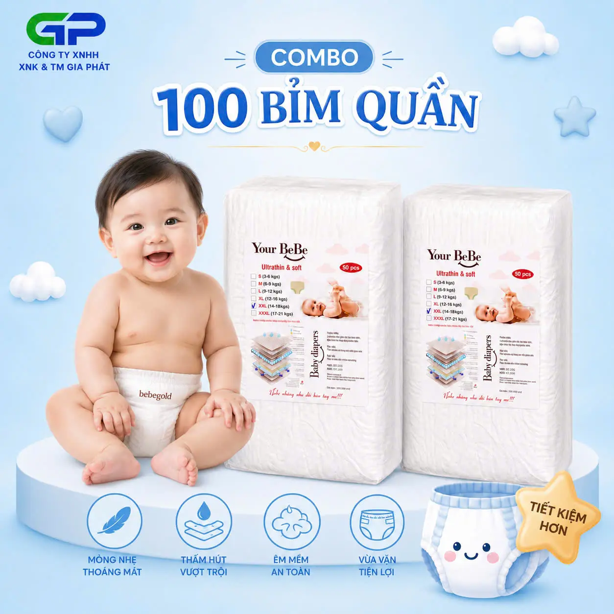 [ YOURBEBE / BEBE GOLD 2   ] :  Combo 100  Bỉm quần ( Gồm 2 bịch ) ,Bỉm mỏng 2mm,  form suông , Đủ  size từ  M Đến 3XL, Thấm hút  500ml . Hàng nhập khẩu chính nghạch.