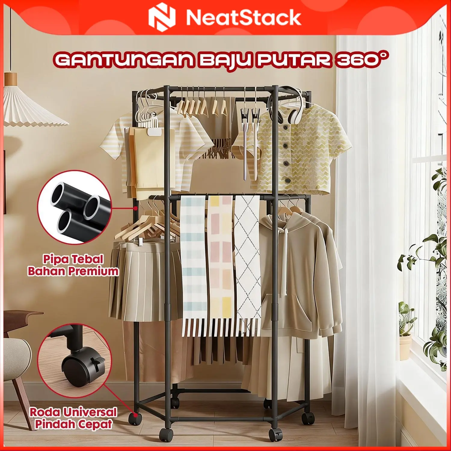 Neatstack - Rak Gantung Baju 360 Putar | Hanger Pakaian Serbaguna Tanpa Bor Anti Karat