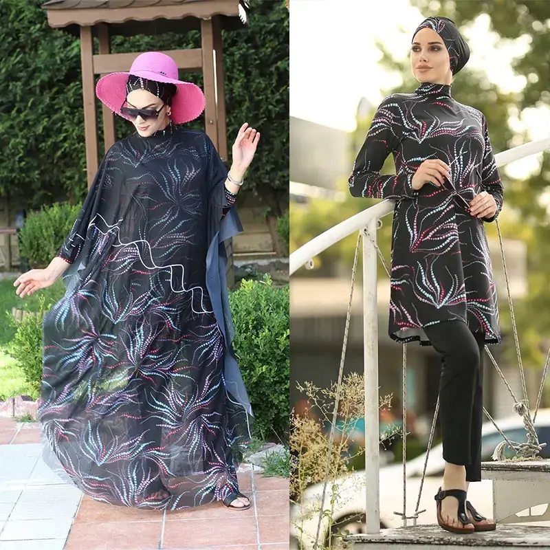 3Pcs/Set Muslimah Swimwear Women Black Pearl Gtain Ripple Pattern Printed Long Sleeves Muslim Swimwear Suit Lslamic Swimwear