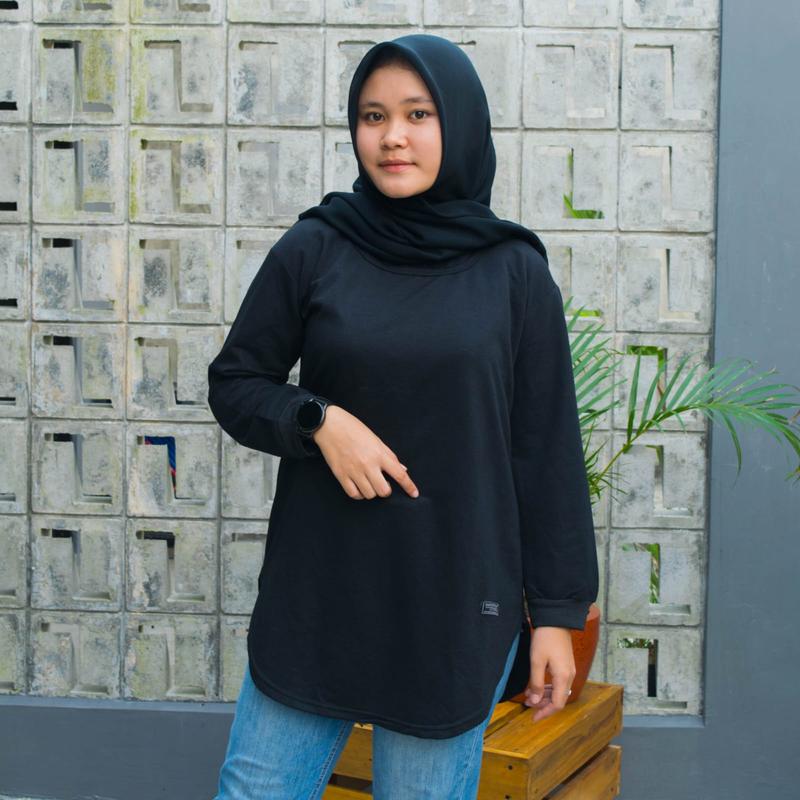 Kaos Polos Wanita Lengan Panjang - RIB Bawah Oval Terkini Sablon Atasan Baju Basic Top Variasi Tangan Oblong Oversize Muslim kaos  lengan  panjang  oval 4