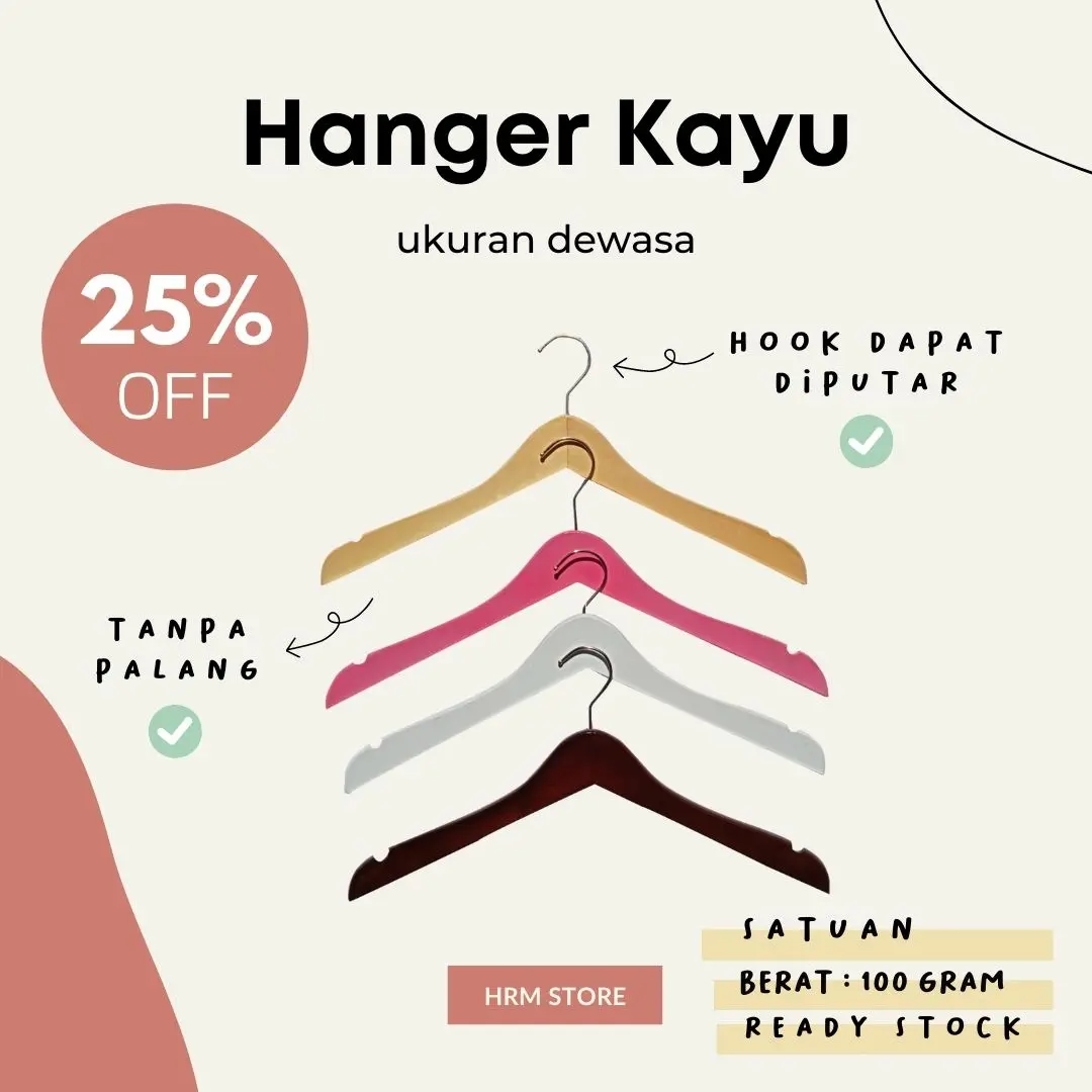 Hanger Kayu Tanpa Palang Ukuran Dewasa Satuan Warna Natural Putih Pink Hitam Display Pakaian