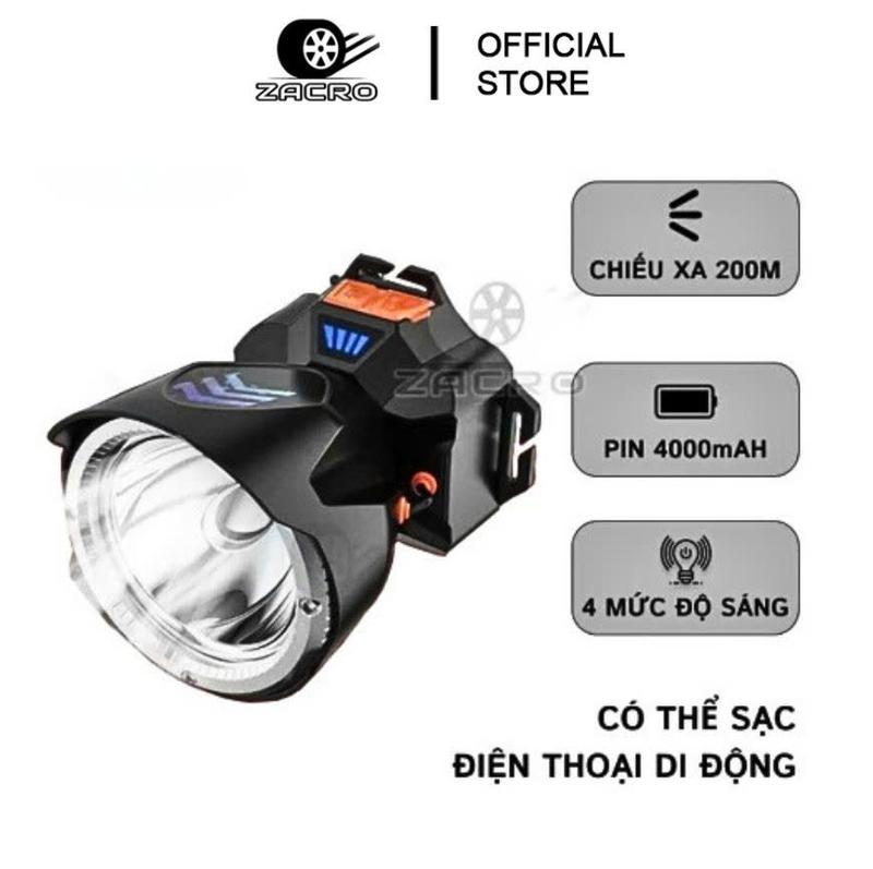 Đèn pin đội đầu siêu sáng ZACRO 2400mAh 4000mAh chống nước 3 chế độ ánh sáng sạc qua USB dùng câu cá cắm trại mất điện