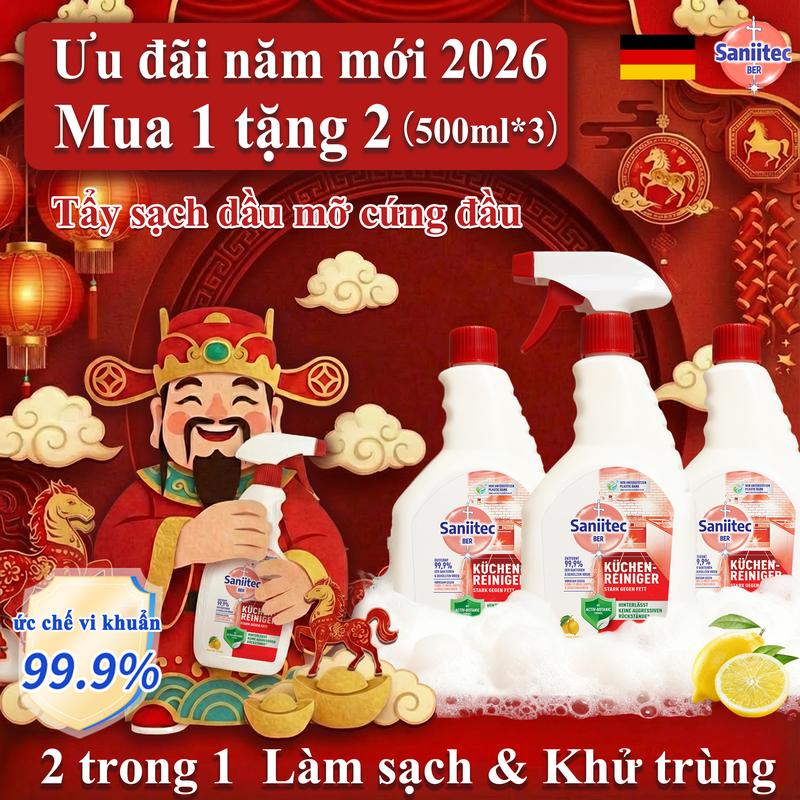 【MUA 1 TẶNG 2 3 chai kèm 1 đầu xịt Nước Rửa Bếp Saniitec 500ml Diệt 99.9% Vi Khuẩn - Khử Dầu Mỡ Cứng Đầu & Mùi Hôi Hiệu Quả | Không Cặn An Toàn Da Tay | Công Nghệ Đức - Chuyên Dụng Cho Bếp Gia Đình