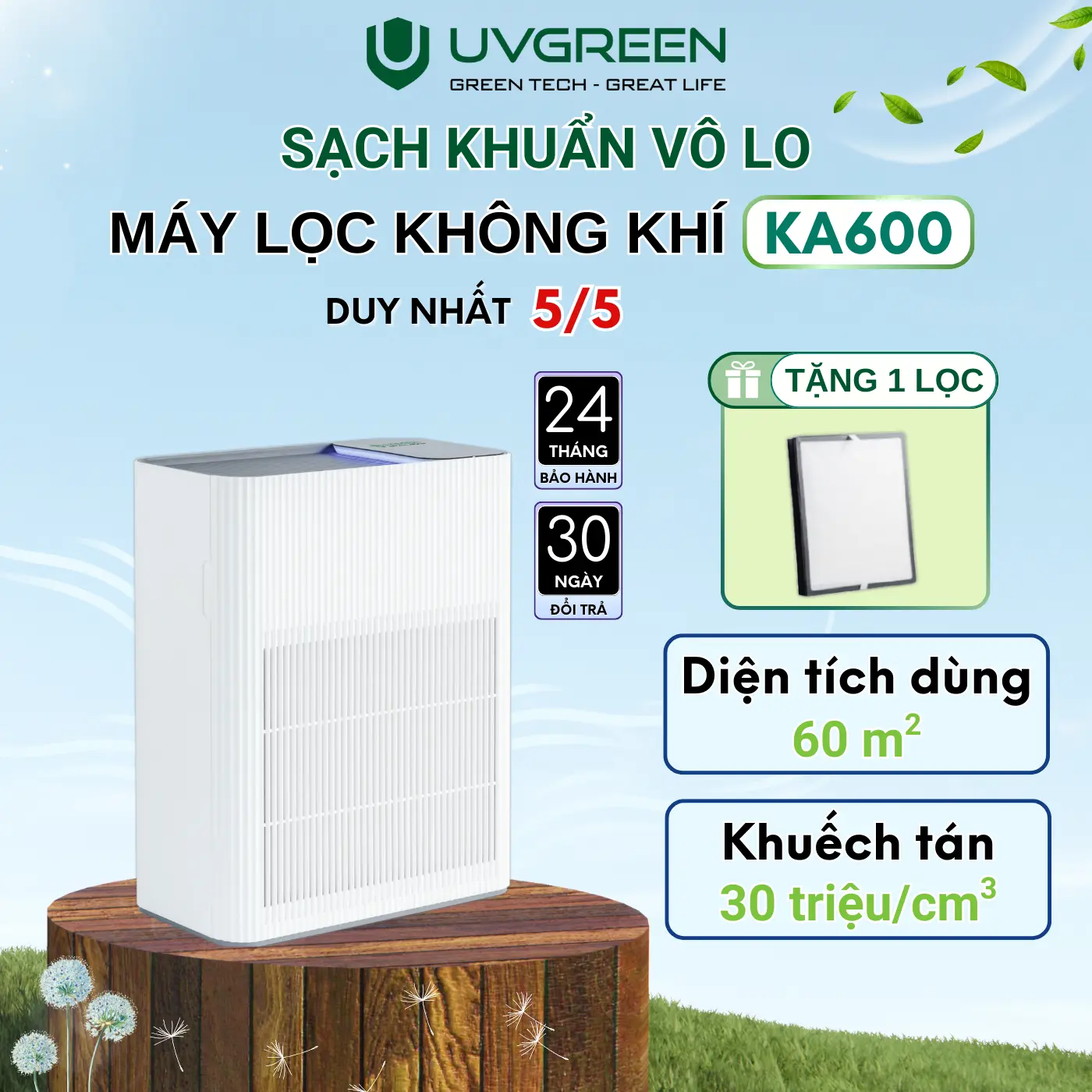 [TẶNG LỌC 600K] Máy Lọc Không Khí Diệt Khuẩn UVGREEN KA600 60m2 - Công Nghệ UVC LED Và Ion Âm Hiện Đại, Làm Sạch Không Khí Phòng Ngủ, Bộ Lọc HEPA H13 Air Purifier Chống Vi Khuẩn, Lọc Sạch Bụi Mịn, Lông Tóc, Mùi Thú Cưng