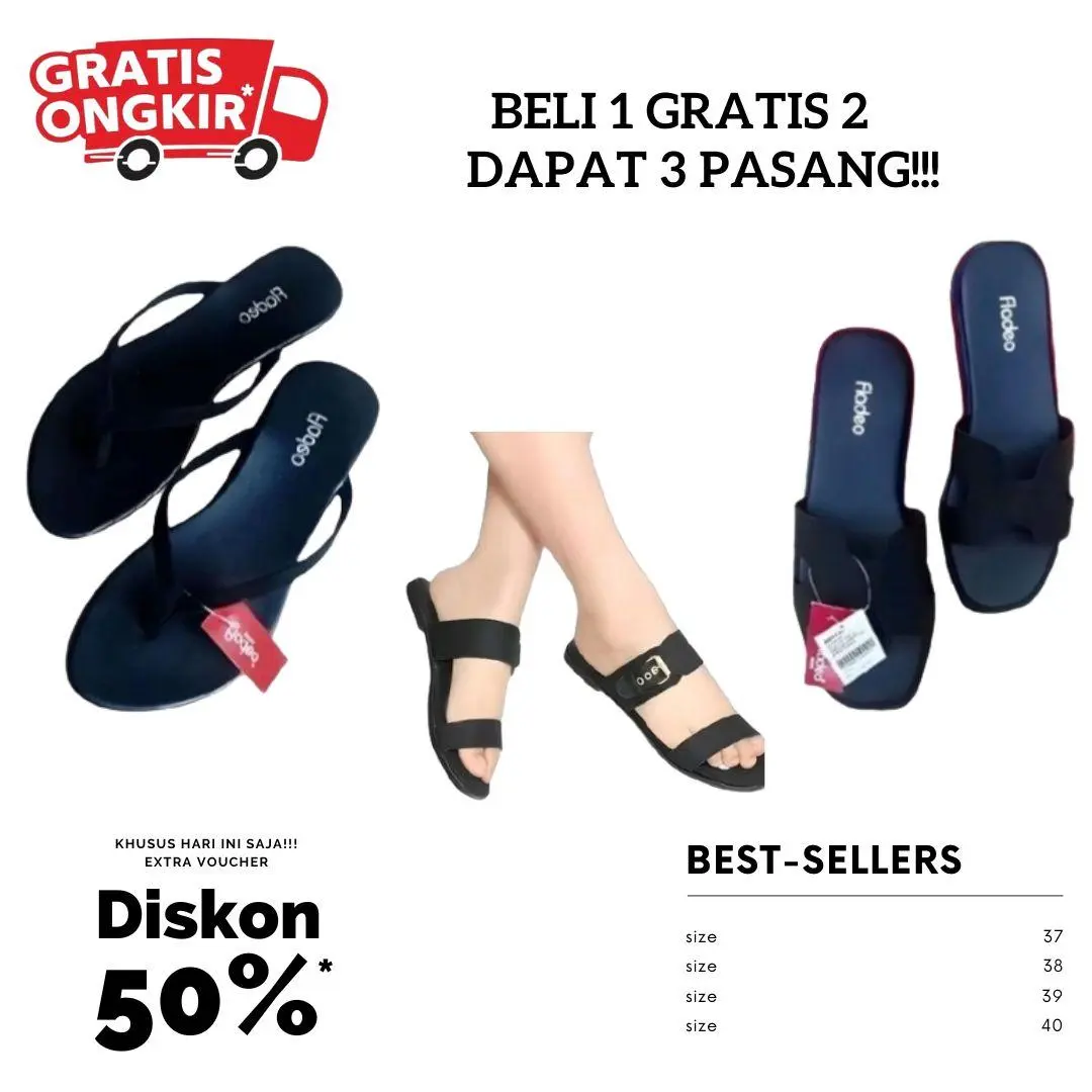 PROMO Beli 1 Gratis 2 Sandal Wanita Fladeo / Sandal Slop Jepit Wanita Viral Kekinian Girlstyle Hitam Sendal Cewek Coklat