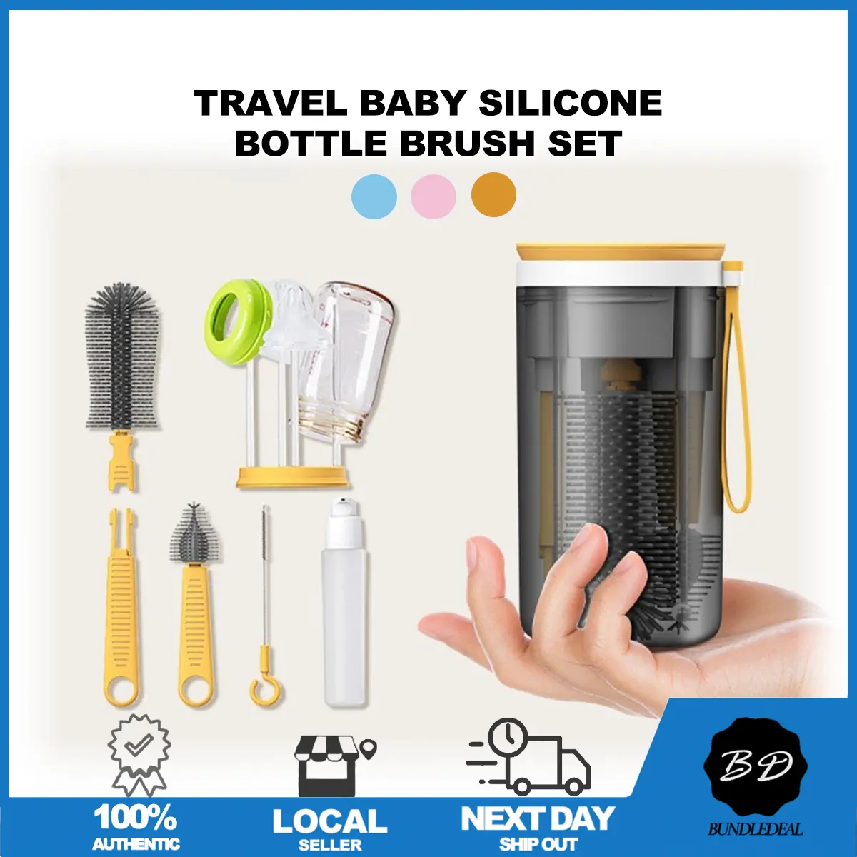 [SG] Travel Baby Silicone Bottle Brush Set/ 6 in 1 Bottle Cleaner Kit/ Feeding Bottle Cleaning Set/ With Drain Rack