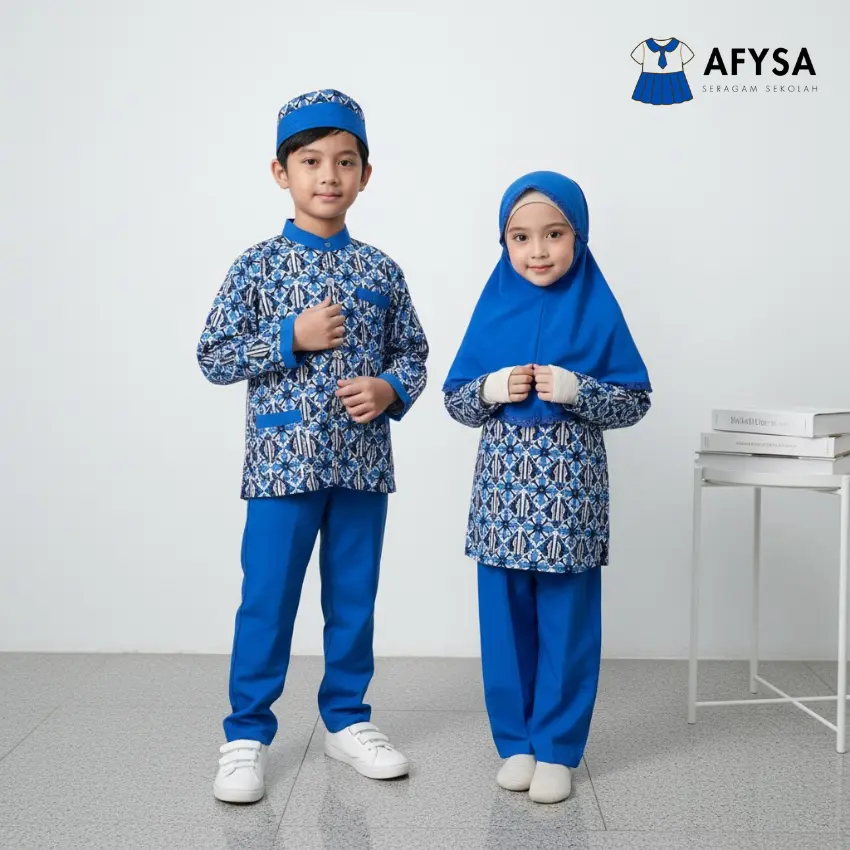 Baju Muslim Batik Biru TK Lengkap - Putra ( Peci ) & Putri ( Jilbab Renda )